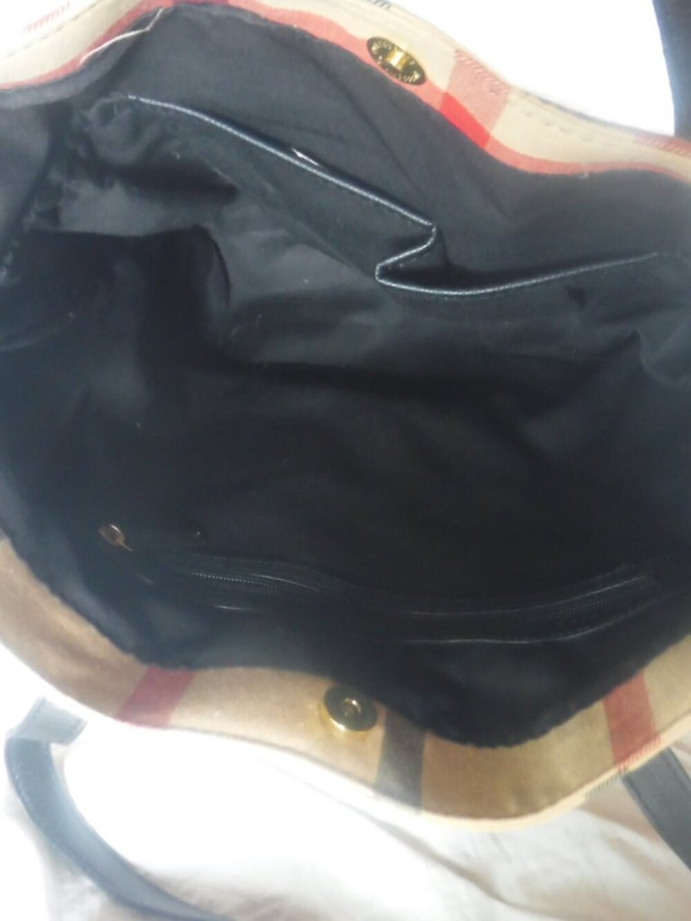 Joy & Iman Women's Tote Bag Tan Red Plaid Black Leather Cotton - Picture 4 of 11